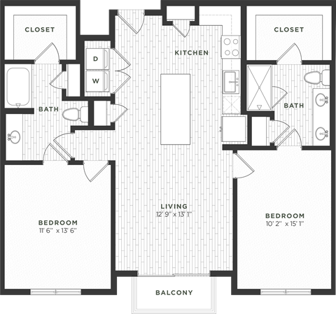 Floor plan for 2 beds, 2 baths, 1127 sqft
